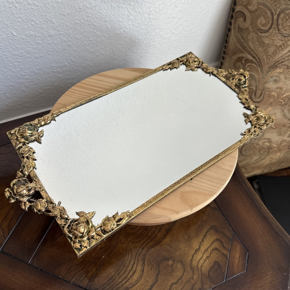 Vintage 1940s-1960s Tray Mirror 14" x 8" Gold Plated Rose Clusters Handles Felt